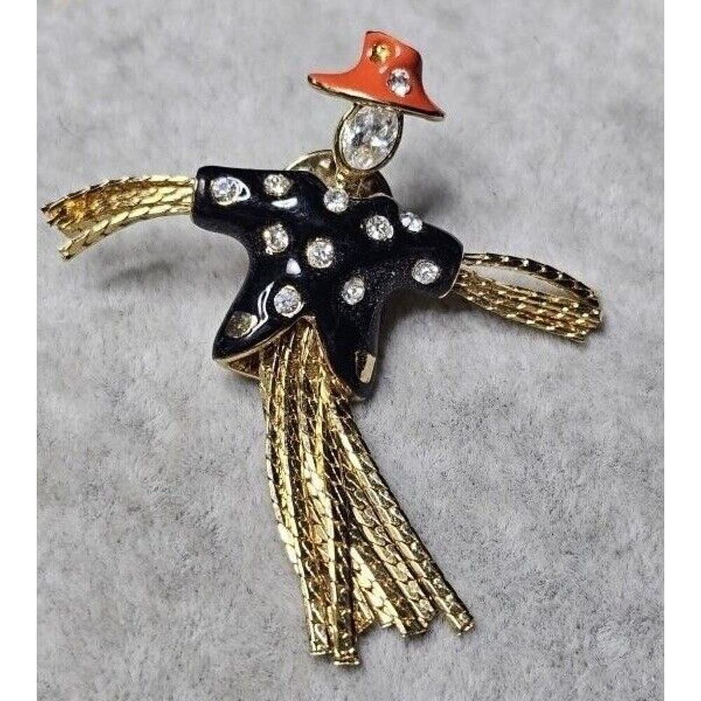 Pauline Rader Scarecrow Brooch enamel rhinestone Gold tone Black Pin Orange